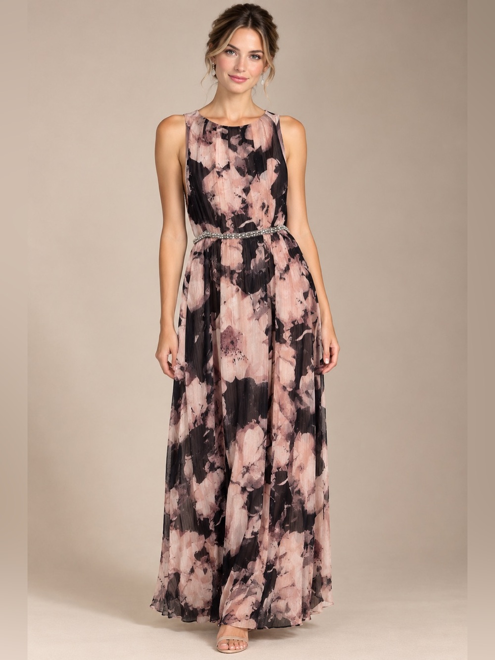 SLNY Blush Pink and Black Floral Maxi Dress with Jeweled Belt